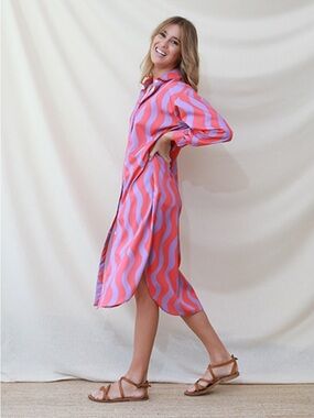 Wavy Stripe Button-Down Midi Shirt Dress/
Pool coverup